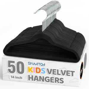 Smartor Premium 14 Inch Kids Hangers 50 Pack, Black Baby Velvet Hanger, Non Slip, Space Saving Felt Hangers Clothes Organizers for Closet with 360 Swivel Hook for Children, Toddler & Teens