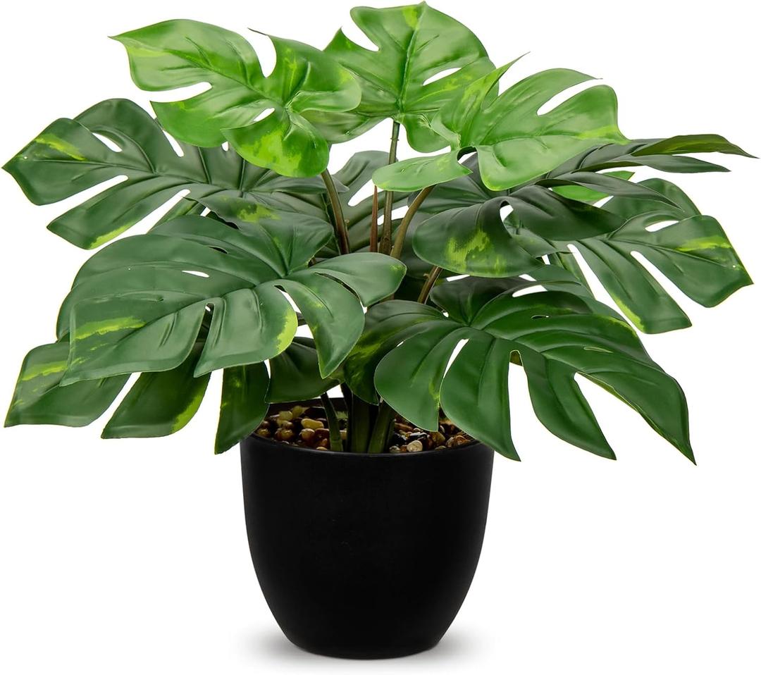 Hollyone Artificial Monstera Plant Faux Monstera Plant Potted Fake Tropical Plants in Black Pot for Indoor Outdoor Home Desk Office Garden Farmhouse Decoration