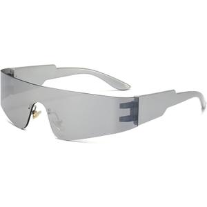 AIEYEZO Modern Fashion Rimless Futuristic Wrap Around Sunglasses Women Men Cyberpunk Visor Sun Glasses Trendy Future Shades (Silver/Silver Mirrored)