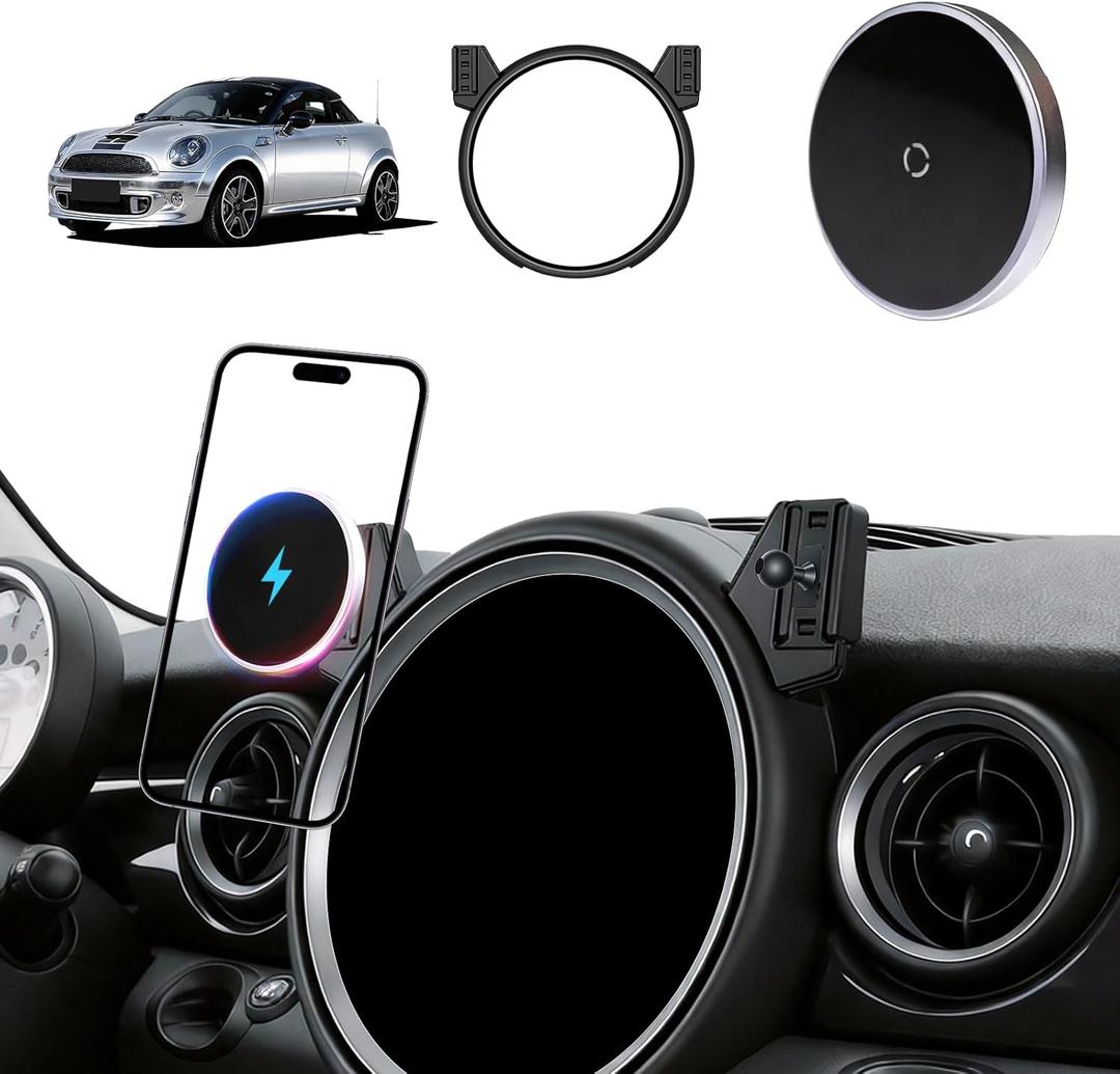 Phone Mount for BMW Mini Cooper (2007-2012 2013), Magnetic iPhone Holder, Magsafe Car Mount Charger, 15W Wireless Car Charger, Hands Free & 360, 2008 2009 2010 2011 Mini Cooper Car Accessories
