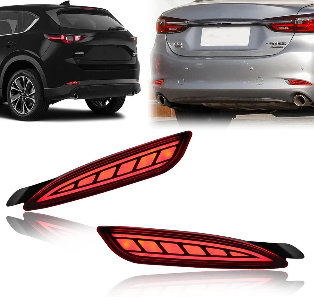 GEEGEETOP Red Lens LED Rear Bumper Fog Light Assembly Compatible with Mazda 6 2018-2021 cx5 cx-5 2022 Functions as Rear Fog Lamp Brake Light Bumper Reflector Turn Signal 3-In-1
