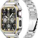 MioHHR Stainless Steel Watch Band with Case Compatible with Apple Watch Ultra3/2/1 Series 11 10 9 8 7 6 5 4 3 2 1 SE3/2/1, Metal Strap with Protective Cover for iWatch 49/46/45/44/42/41/40/38mm Men (Silver&Gold)