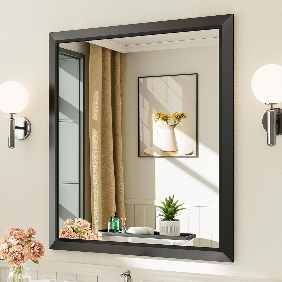 Briivue 36x32 Inch Black Bathroom Mirror for Wall, Thick Metal Framed Rectangle Mirrors for Over Sink, Bedroom, Living Room, Entryway, Anti-Rust, HD Tempered Glass