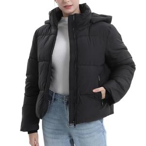 PUFFIT Women's Cropped Puffer Jackets, Warm Winter Jacket with Removable Hood, Zipped Pockets, Short Ladies Quilted Coat, M, Black