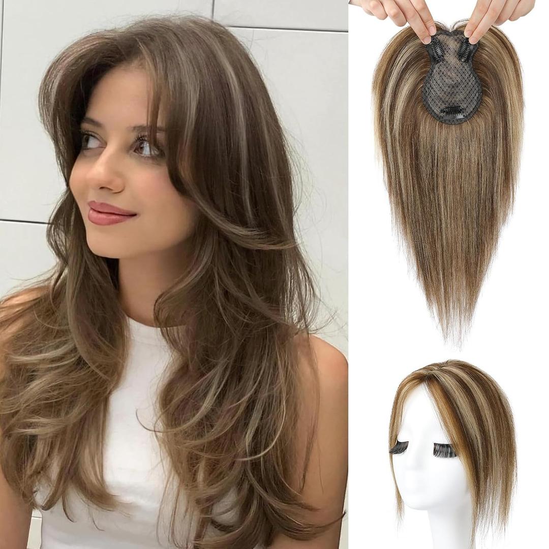 Flufymooz 100% Real Human Hair Toppers for Women, 10 Inch Clip in Human Hair Topper for Thinning Hair, 3603D Cover Clip in Bangs Natural Hairpiece With 4.5'' x 3'' Silk Base-Medium Brown with Blonde