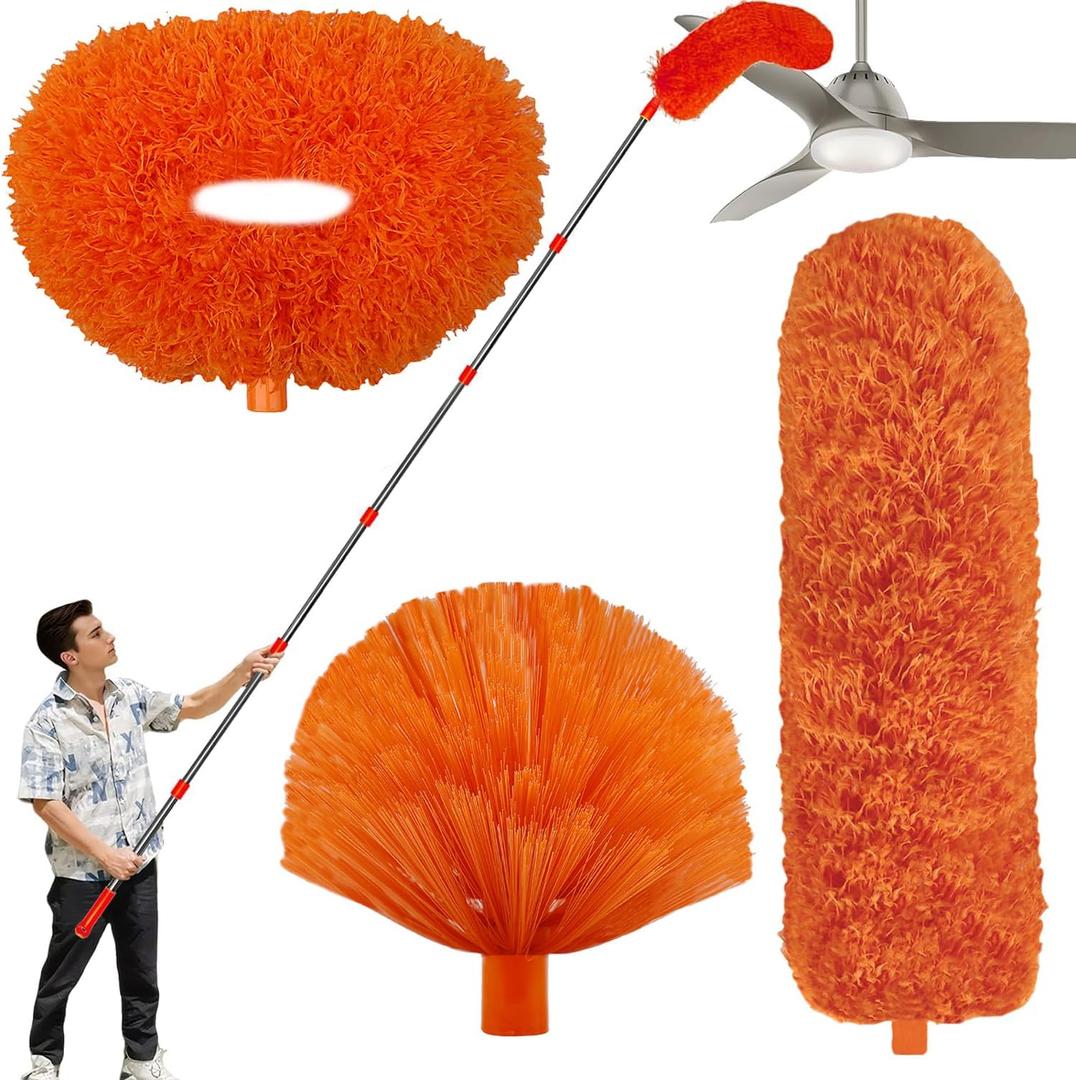 20 Ft+ High Reach Cleaning Tool Kit - Microfiber Feather Ceiling Fan Duster & Cobweb Duster with 3-14 ft Spliceable Pole Duster for Cleaning Fan, Spider Web, Ceiling, Blinds, Furniture Clean