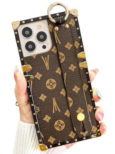 Dropcases Compatible with iPhone 15 Pro Max Case Luxury Designer for Women Girls,Rectangle Leather with Wristband Strap Kickstand Holder Protective Phone Cover for 15 Pro Max - 6.7”(Brown)