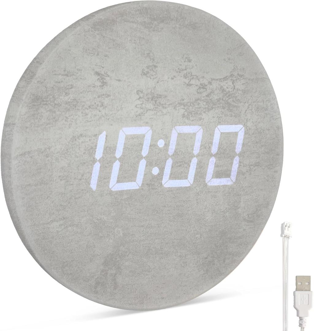 Minimalist LED Digital Wall Clock USB Powered | Grey Concrete Style | 12/24 Hour, Night Mode, Silent Clock | Room Decor for Kitchen, Living Room, Bedroom, Classroom, Office (9 in)