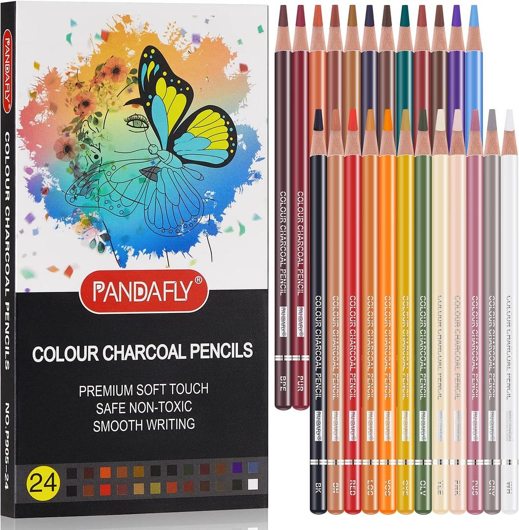 PANDAFLY Professional Colored Charcoal Pencils Drawing Set, Skin Tone Colored Pencils, Pastel Chalk Pencils for Sketching, Shading, Coloring, Layering & Blending, 24 Colors