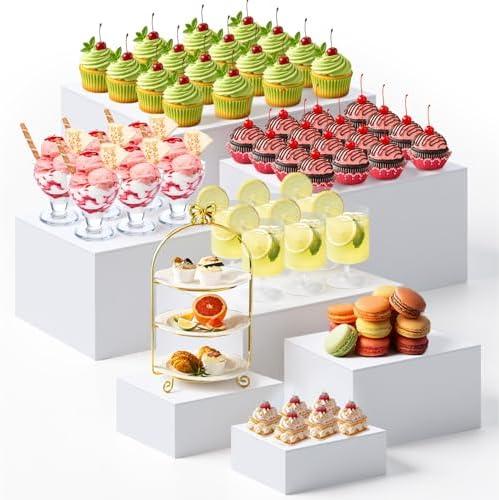 Leinuosen 7 Pcs Extra Large Buffet Risers Set 8" to 14" Acrylic Display Box Square Catering Dessert Table Riser Food Display Decorative Stand with Hollow Bottom for Catering Supplies(White)