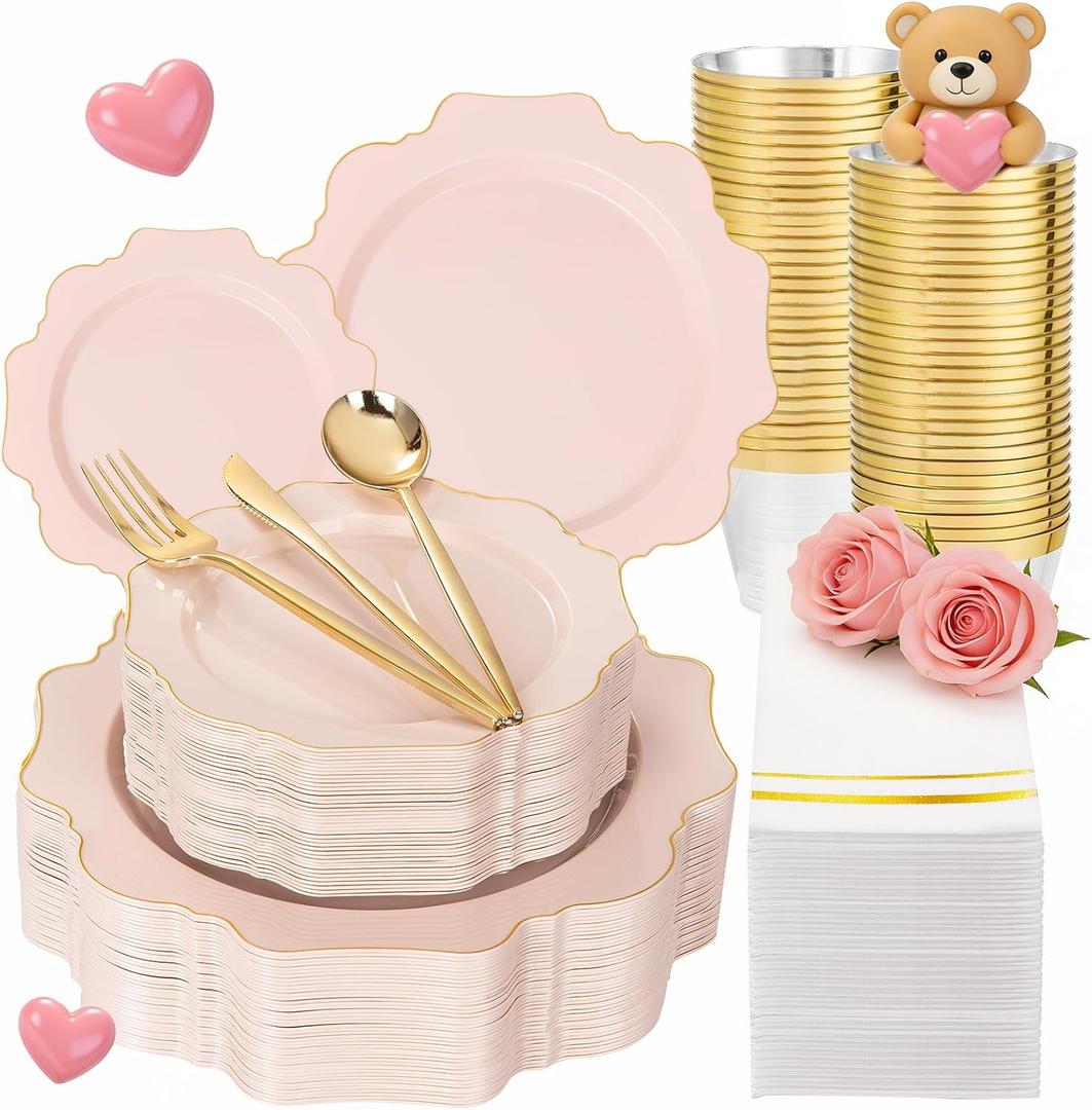 WDF 350Pcs Pink Plastic Plates - Pink and Gold Disposable Plates 50Guest Plastic Dinnerware for Baby Shower/Birthday/Wedding/Easter