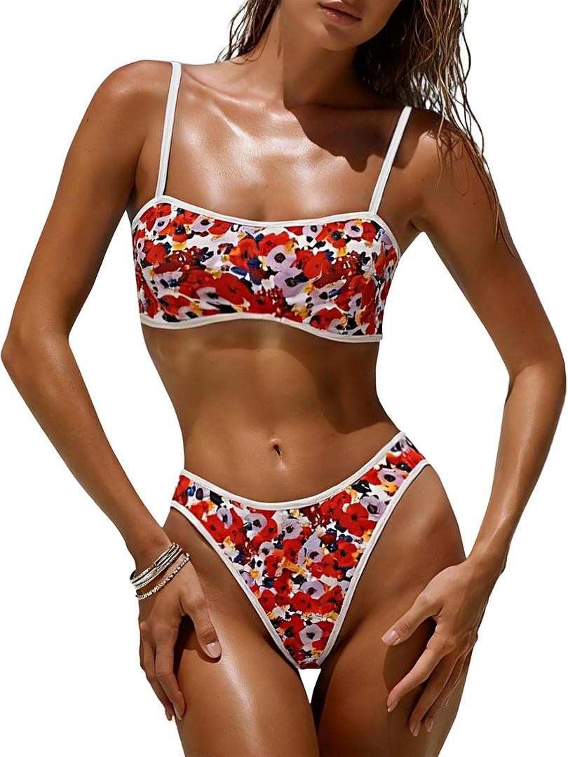 OWICA Women's 2 Piece Bikini Sets Floral Print High Cut Bathing Suits Cheeky Bandeau Beachwear Swimsuits for Women (M)