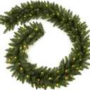 Christmas Garland with Prelit 9ft with 50 Warm White Lights, Pulg in, Green PVC Mixed PE for Indoor Holiday Door Home Decorations Stairs Fireplaces Wall