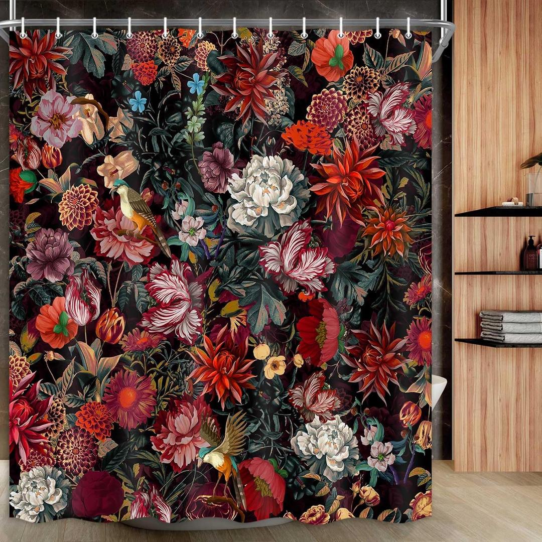 Drgilau Vintage Floral Shower Curtain Set - Red Flower Plants Boho Black Curtain with Hooks for Bathroom Decor - 70X90 Inch