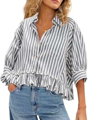SDIPIPO Womens Summer Tops Dressy Casual Blouse Top Ruffled Short Sleeve Button Down Striped Shirt Size L