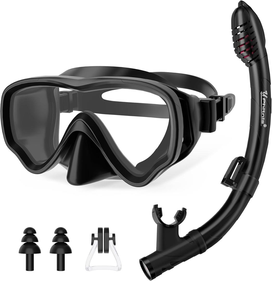 U PHITNIS Kids Snorkel Set for Age 4-14 - Dry Top Snorkeling Gear for Kids Junior & Youth - Childs Diving Mask with Big Eyes for Boys Girls - Anti-Fog Snorkeling Mask and Snorkel Set (Black)
