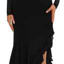 BTFBM Women's Maxi Dresses Spring 2026 Long Sleeve Ruched Bodycon Solid Ruffle Mermaid Cocktail Wedding Guest Dress (Large, Black)