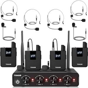 TONOR Wireless Microphone System with UHF Headset/Lavalier Lapel Mics, Bodypack Transmitter, Receiver, 4 x 10 Channels, 200ft Range for Church Conference