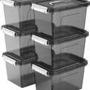 6 Quart Stackable Plastic Storage Bins with Lids, 6 Pack Clear Black Small Organizer Boxes with Latches for Bathroom, Pantry, Office Desk and Small Item Storage