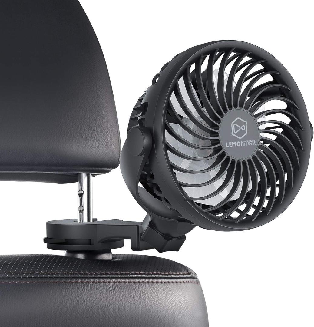 LEMOISTAR Battery Operated USB Car Fan, Electric Cooling Fan, 4 Speed, 360 Degree Rotatable Backseat, 5V Cooling Air Small Personal for Car, Rear Seat Passenger Dog