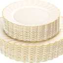 YOUBET 60PCS Ivory Scalloped Plastic Plates - Hard Cream and Gold Fancy Disposable Plates include 30 Gold Dinner Plate, 30 Dessert Plate for Party Wedding Valentines Day
