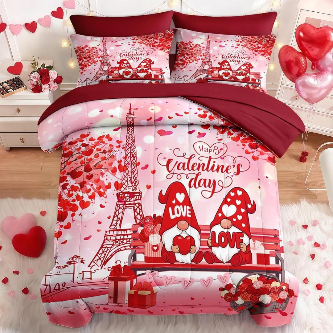 Nesker 7 Pcs Valentine's Day Comforter Set Queen Size, Romantic Love Gnomes Bedding Set for Kids and Adults, Cute Sweet Heart Sheets Bed Sheet Sets with Fitted Sheet 2 Pillowcases & 2 Shams
