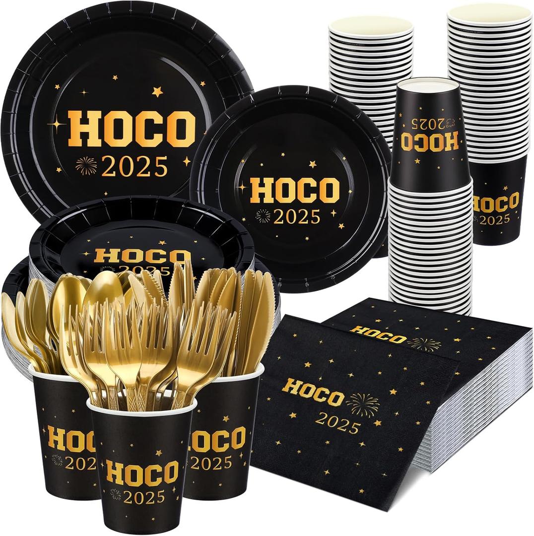 175 Pcs HOCO Party Supplies Homecoming decorations 2025 Plates and Napkins Set Black Gold 2025 HOCO Tableware Serve 25 Guest Homecoming Disposable Dinnerware for School Celebration Supplies