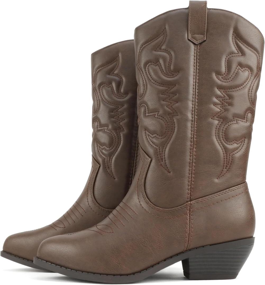 Soda Rodeo ~ Women's Knee High Western Cowboy Boots with Stitched Detailing, Pointed Toe, and Low Block Heel (10 Wide, A-dark Tan Pu)