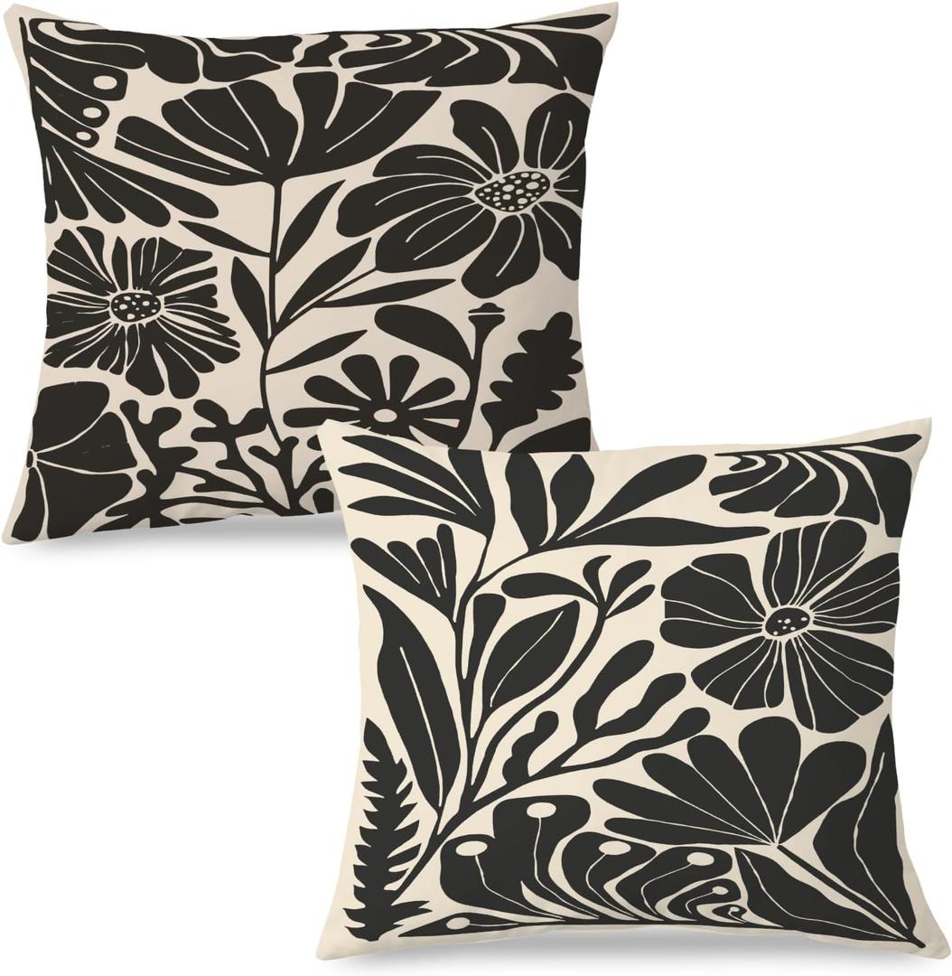 Black & Beige Boho Floral & Abstract Modern 18x18 Pillow Covers Set of 2 - for Bedroom, Living Room, Couch Black & Beige Boho Floral & Abstract Modern 18x18 Pillow Covers Set of 2 - for Bedroom, Living Room, Couch