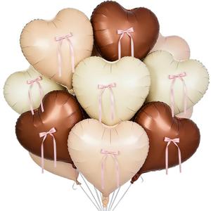 2 x Cream and Brown Heart Balloons Decorations, 20pcs Cream Brown Heart Shape Foil Balloons with Pink Bow Decoration for Brithday Baby Shower Wedding Valentines Party Decoration