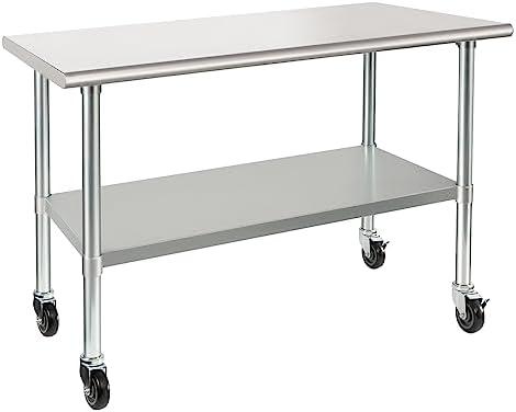 HARDURA Stainless Steel Table with Wheels 24 x 48 Inches Casters NSF Heavy Duty Commercial Work & Prep Table with Undershelf and Galvanized Legs for Restaurant Kitchen Bar and Hotel Garage