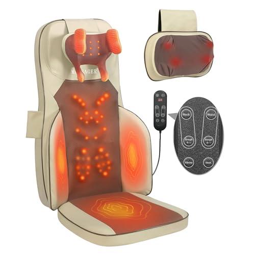 MAIBOLE Shiatsu Neck Back Massager Chair Pad w/Heat - Back Massager for Pain Relief Deep Tissue, Full-Back Kneading, Rolling - Adjustable Neck Height & Intensity
