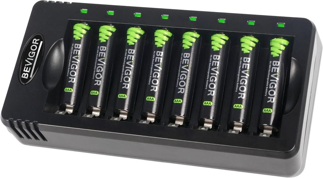 BEVIGOR Rechargeable AAA Batteries with Charger, 8 Pack 1100mAh Low Self Discharge Triple A Batteries with 8 Bay AA AAA Smart Battery Charger for Ni-MH Ni-CD, Independent Slot