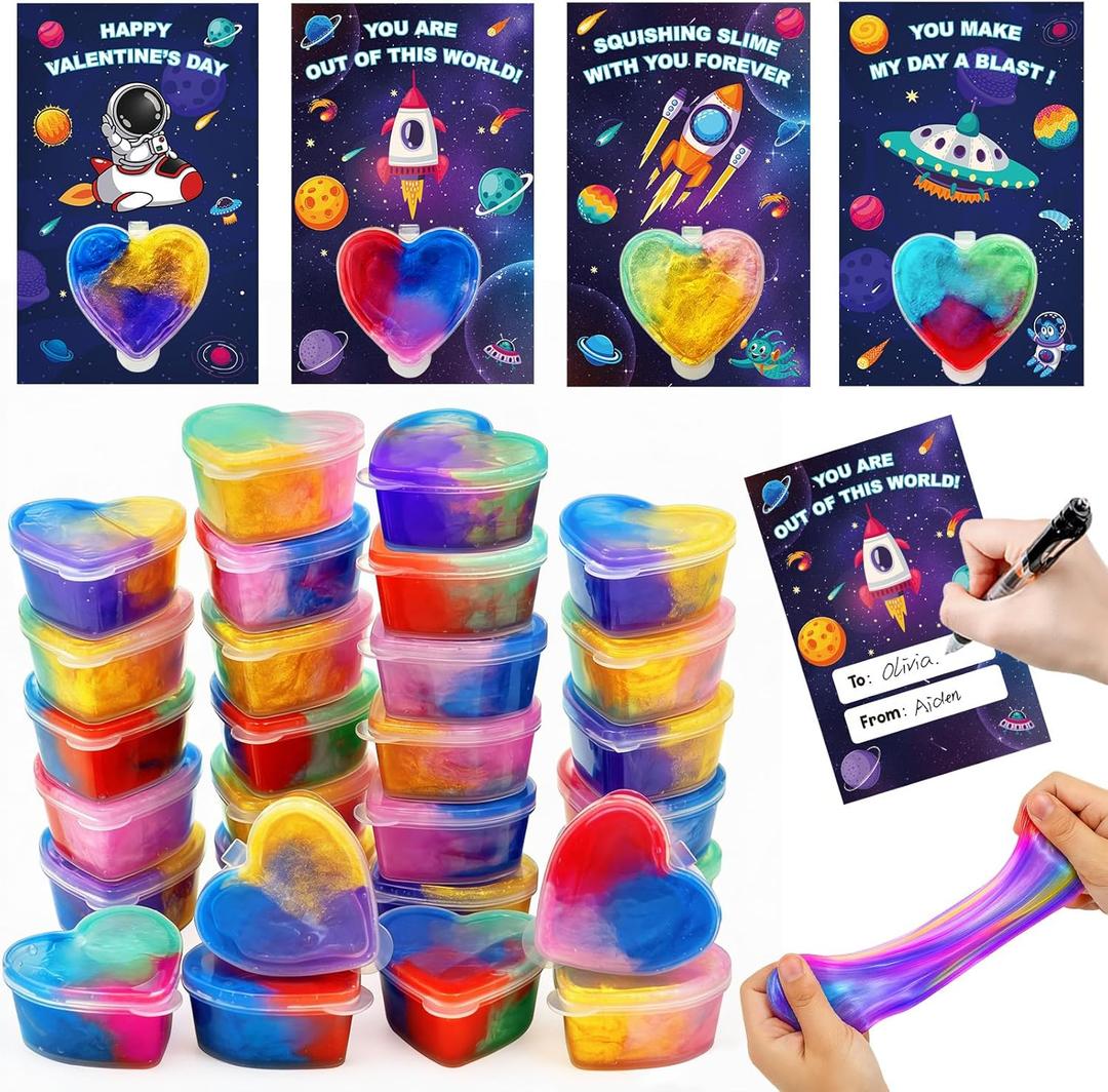 28 Packs Valentines Day Gifts for Kids, Valentines Galaxy Hearts Slime with Valentines Cards Stress Relief Fidget Toy School Classroom Prizes Gifts for Kids Boy Girl Valentine Party Favors