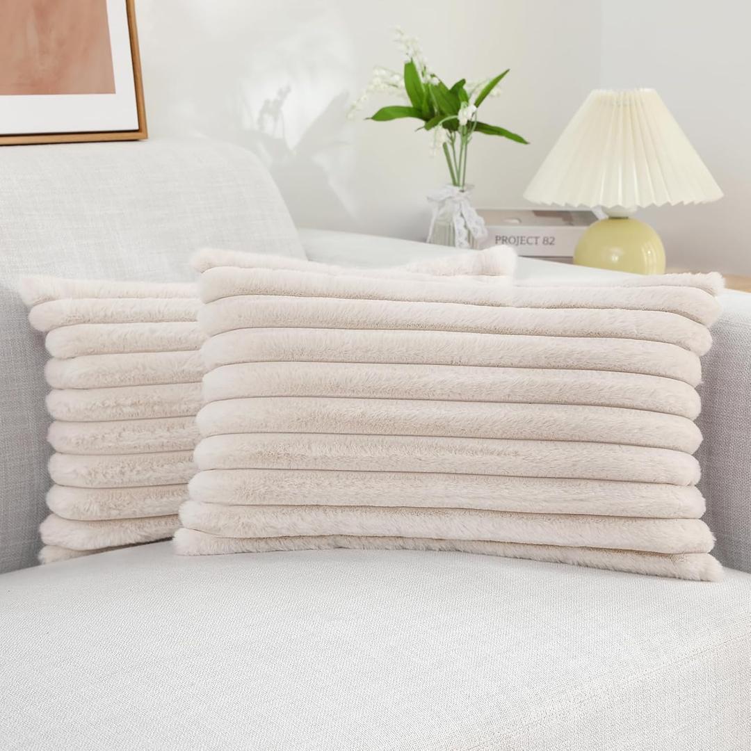 decorUhome Faux Fur Throw Pillow Covers 12x20 Set of 2, Decorative Soft Plush Striped Lumbar Neutral Couch Euro Pillow Covers with Velvet Back for Sofa, Bed, Living Room Home Decor, Beige