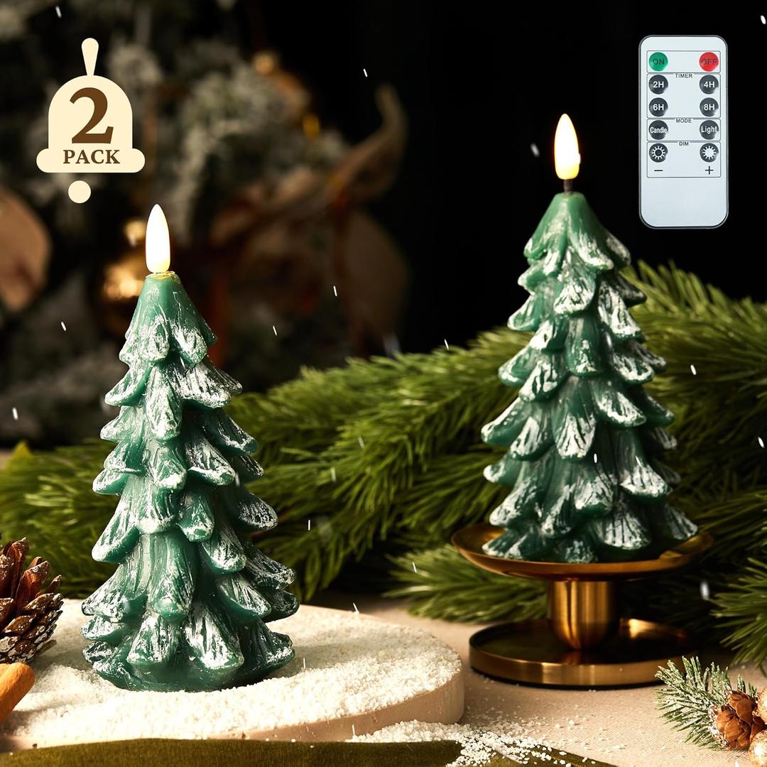 BRONYPRO 2 Pcs Christmas Tree Flameless Candles with Remote Timer,Waxy Flameless Candles Flickering,Led Candles Battery Operated,Christmas Home Wedding Decor,Set of 2,Green(7.3" X 3.5")