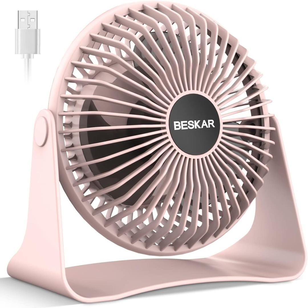 BESKAR USB Small Desk Fan, Portable Fans with 3 Speeds Strong Airflow, Quiet Operation and 360°Rotate, Personal Table Fan for Home,Office, Bedroom - 3.9 ft Cord, Rose Pink