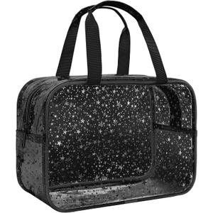 Clear Black Star Large Makeup Bag with Star Pattern 12x5x8 inch, Travel Cosmetic Bag with Handle, Durable PVC Material Washbag Zipper Opening Design for Makeup Travel Organizer or Gym Use