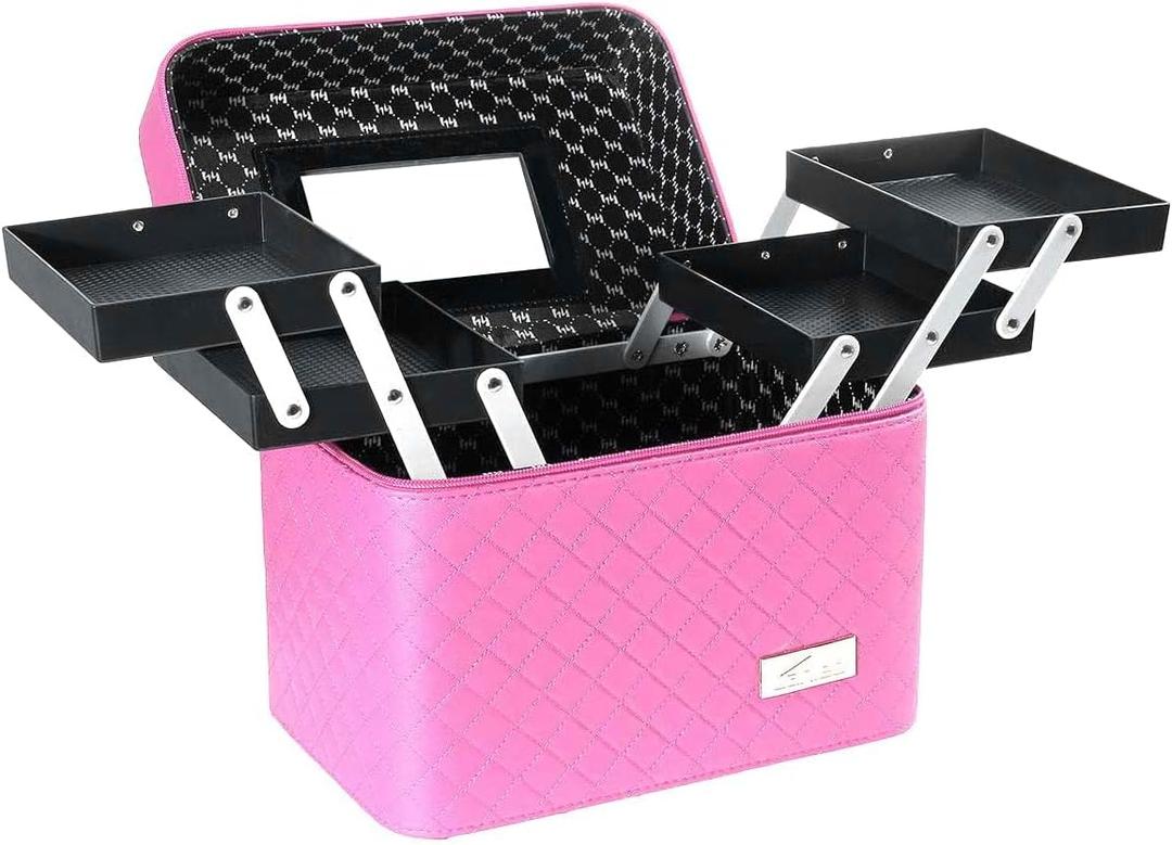 Sooyee Makeup Bag Cosmetic Bag with Mirror, 4 Layer Foldable Tray Makeup Organizer Open to the Sides, Makeup Travel Bag for Women, Train Case, Pink
