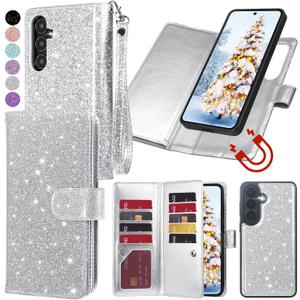Varikke for Samsung Galaxy S26+ /S26 Plus Wallet Case Detachable with RFID Blocking Card Holder for Women, Glitter Leather Strap Magnetic Flip Removable Phone Case for Galaxy S26 Plus 6.7", Silver