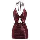 SHENHE Women's Y2k 2 Piece Sexy Outfits Backless Halter Crop Top and Ruched Bodycon Mini Skirt Set Sequin Burgundy Medium