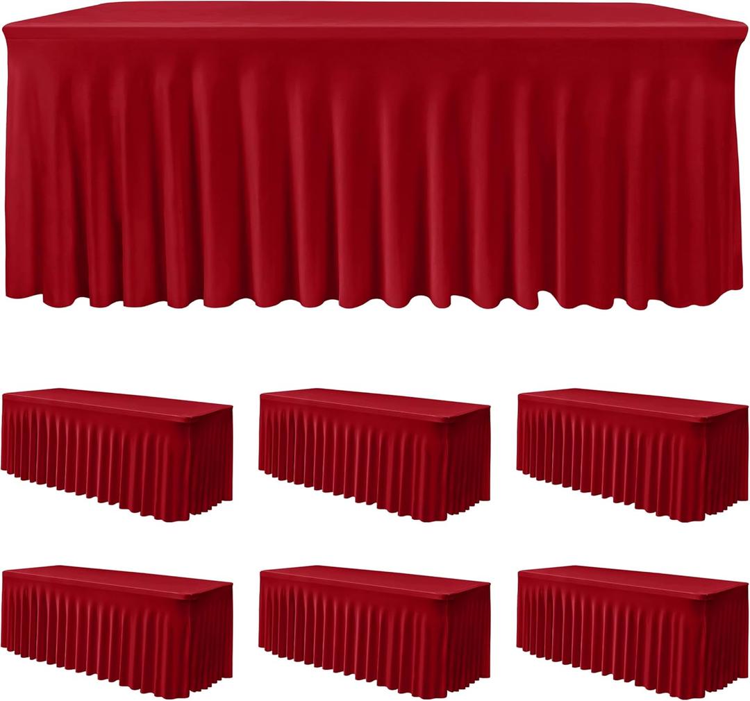 HolidayIdeas 6 Pack Red Spandex Table Skirt for 6 Ft Rectangle Tables, Fitted Stretch Tablecloth 30 x 72 Inch, Wrinkle Resistant Ruffle Design for Valentine's Day, Monther's Day, Trade Shows, Parties ( Red )
