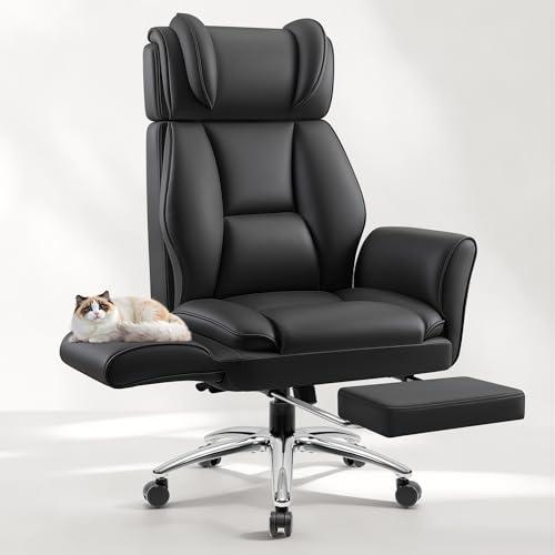 Fidom Big and Tall Office Chair, Flip Armrests for Pets & Cross Legged Sitting, Ergonomic Leather Executive Desk Chair with Foot Rest, High-Back Reclining Computer Chairs for Office Home Game - Black