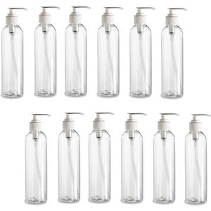 Natural Farms 12 Pack  8 oz -Clear Cosmo Plastic Bottles  White Pump - for Essential Oils, Perfumes, Cleaning Products