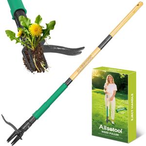Weed Puller Tool with 2 Weed Eject Feature, 43.7in Stand Up Dandelion Remover Tool, Real Bamboo Handle and Metal 4 Claw & Foot Pedal, Heavy Duty Garden Weeder
