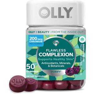 OLLY Flawless Complexion Gummy, Clear and Healthy Skin Support, Vitamins E, A, Zinc, Chewable Supplement, Berry - 50 Count (Pack of 1) Best By: 03/2026