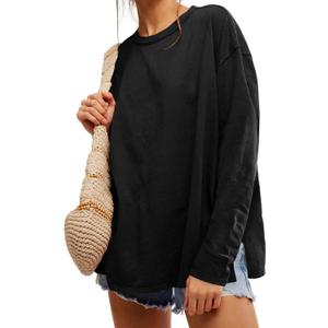 Womens Oversized Long Sleeve Shirts Crew Neck Casual Tops Loose Fit Side Slit Fall Tees (Medium, Black)