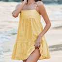Womens Plaid A-line Dresses Shoulder Straps Ruffle Hem Casual Mini Dress with Side Pocket (Yellow, M)