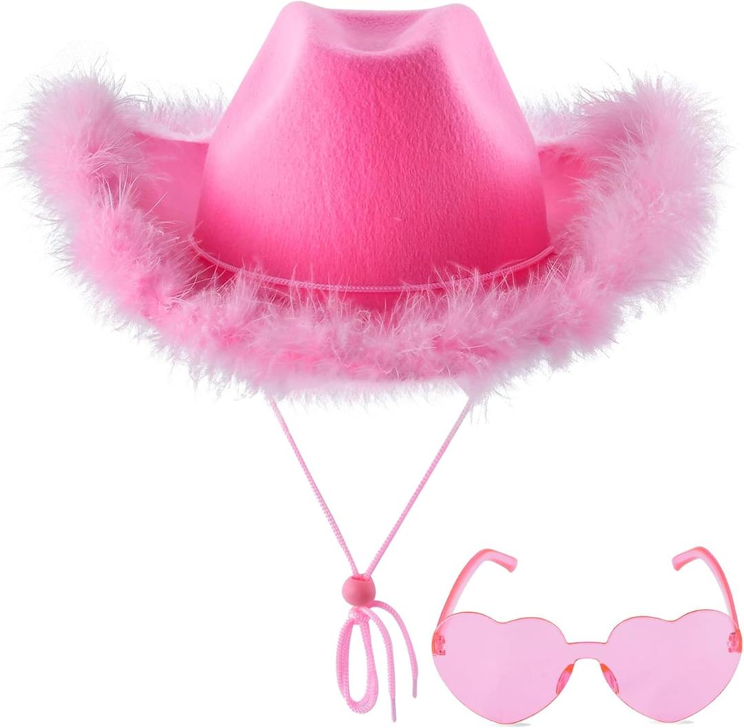 ZEBSF Feathers Cowboy Cowgirl Hat with Heart Sunglasses - Cowboy Hats for Women Bachelorette Birthday Disco Party (Pink)