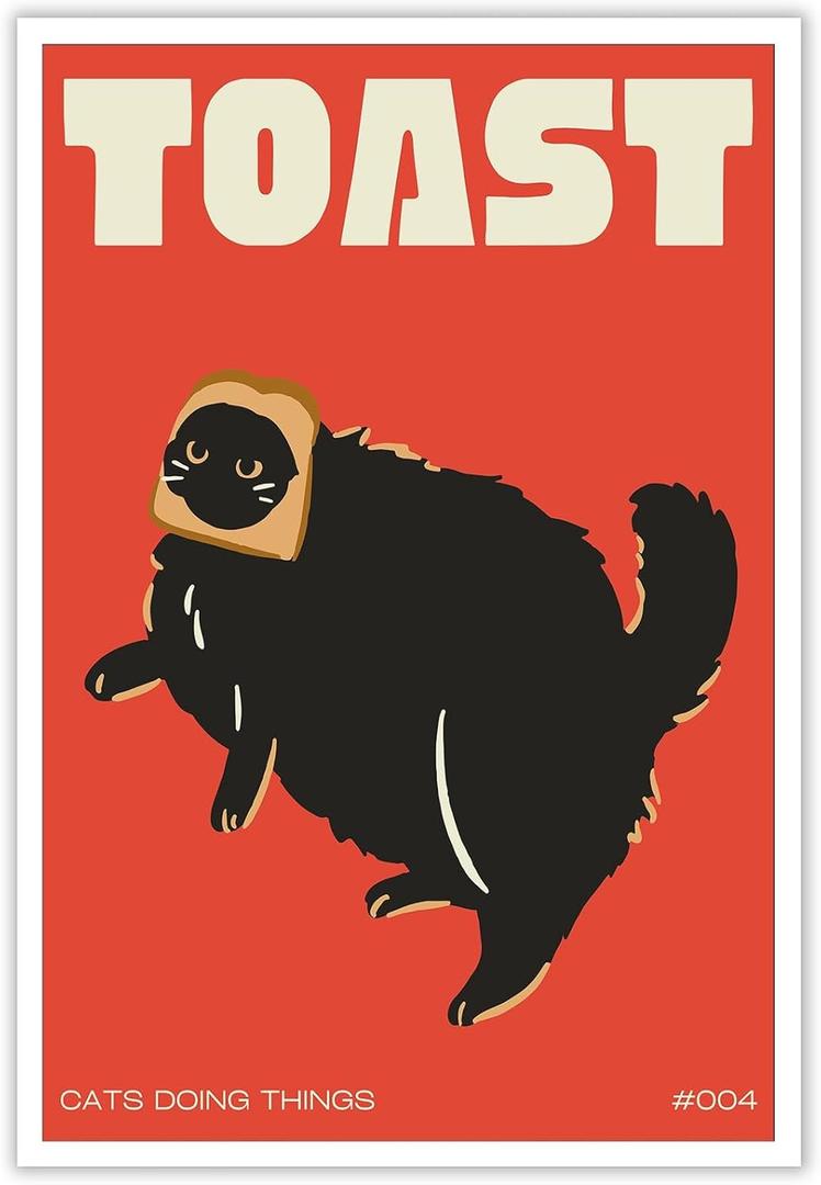 DVBOCS Funny Black Cat Canvas Wall Art Cat Doing Toast Poster Funky Pet Animal Print Decor For Home Kitchen Dining Room 16x24in Unframed